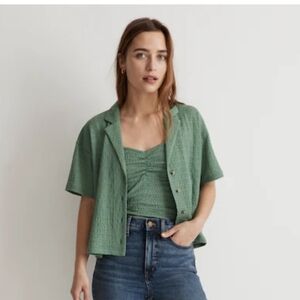 Madewell Crinkle Knit Button Front Short Sleeve Blouse Top Green Size XS